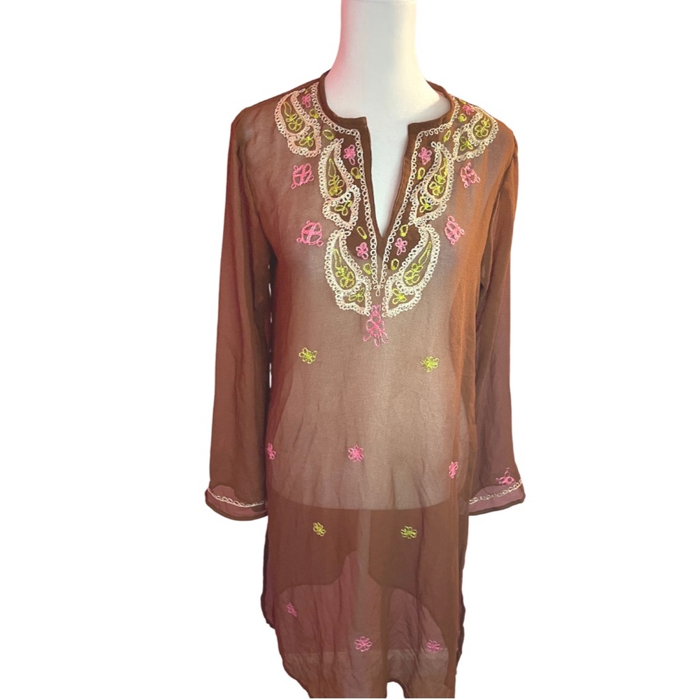 Vintage Embroidered brown Sheer beach tunic By tramp M